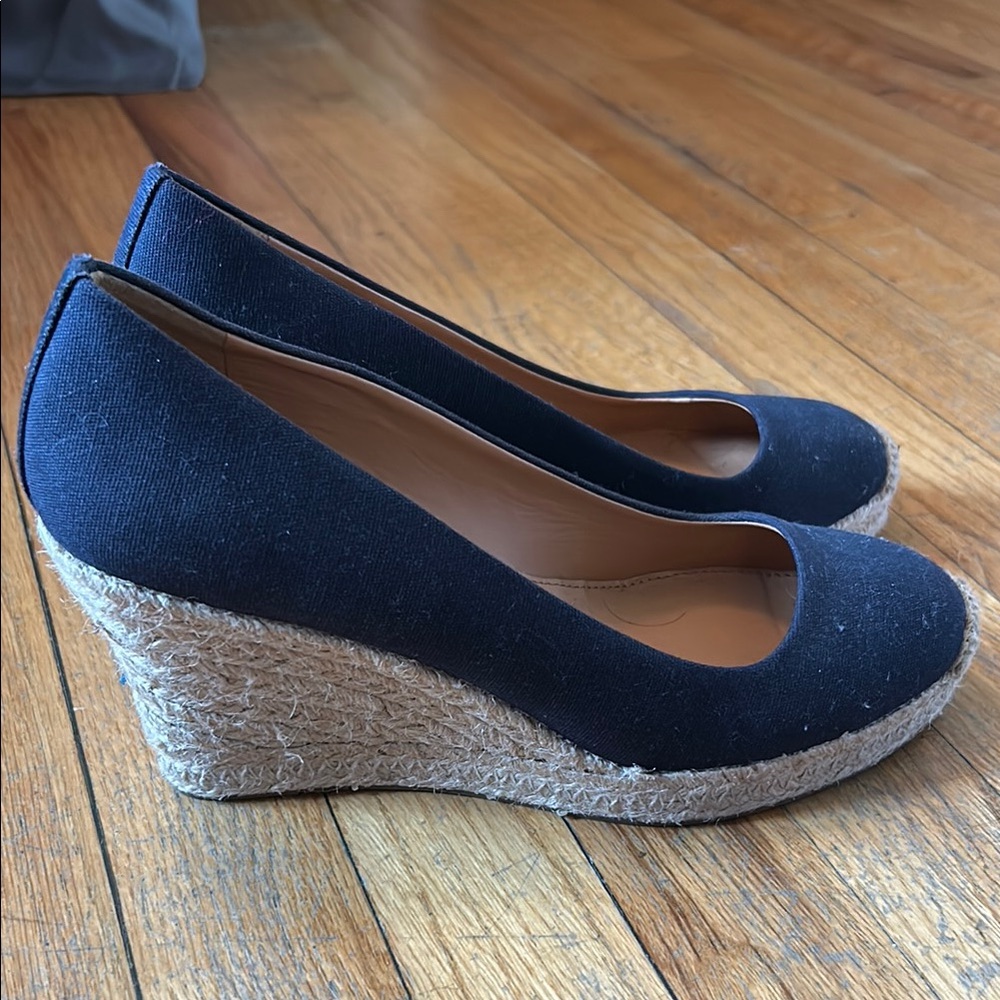 J. Crew Navy Blue and Tan Wedge Heels
